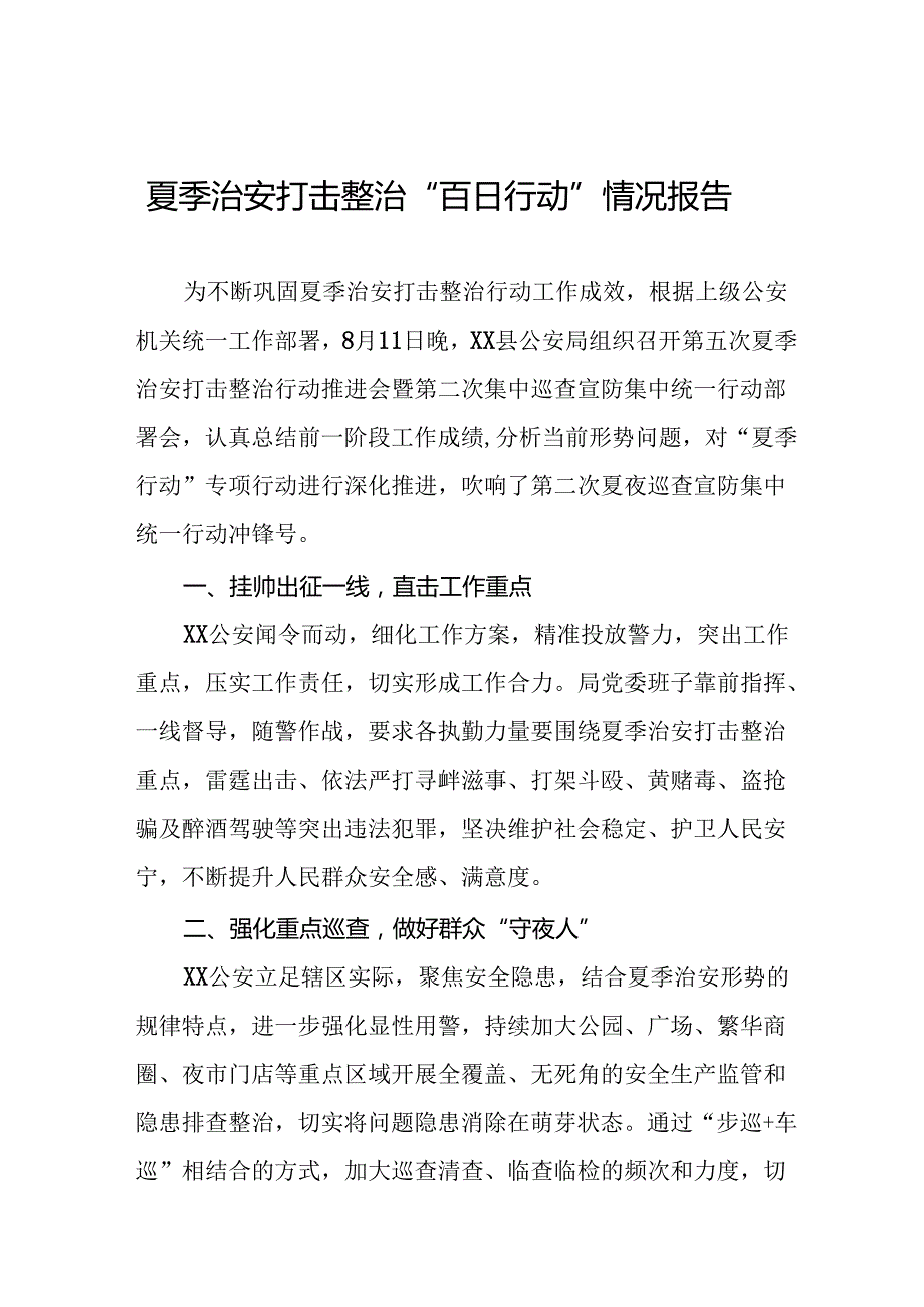 公安深入推进夏季治安打击整治行动情况报告八篇.docx_第1页