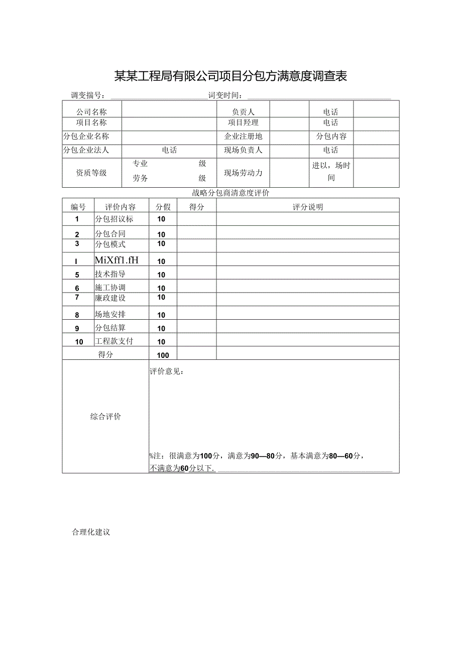 某某工程局有限公司项目分包方满意度调查表.docx_第1页