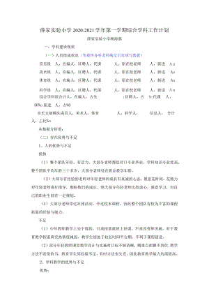 薛家实验小学2020-2021学年第一学期综合学科工作计划.docx