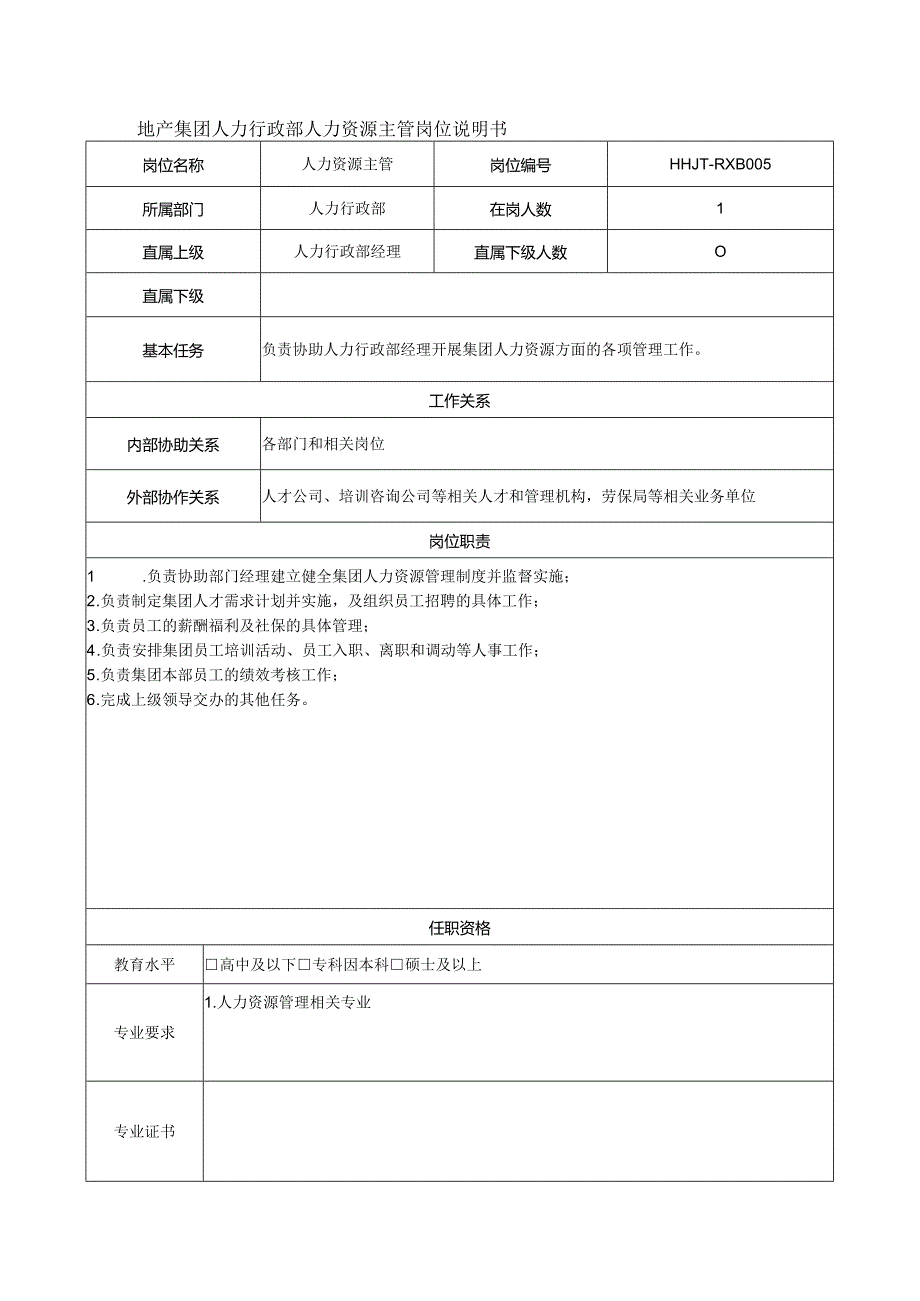 地产集团人力行政部人力资源主管岗位说明书.docx_第1页