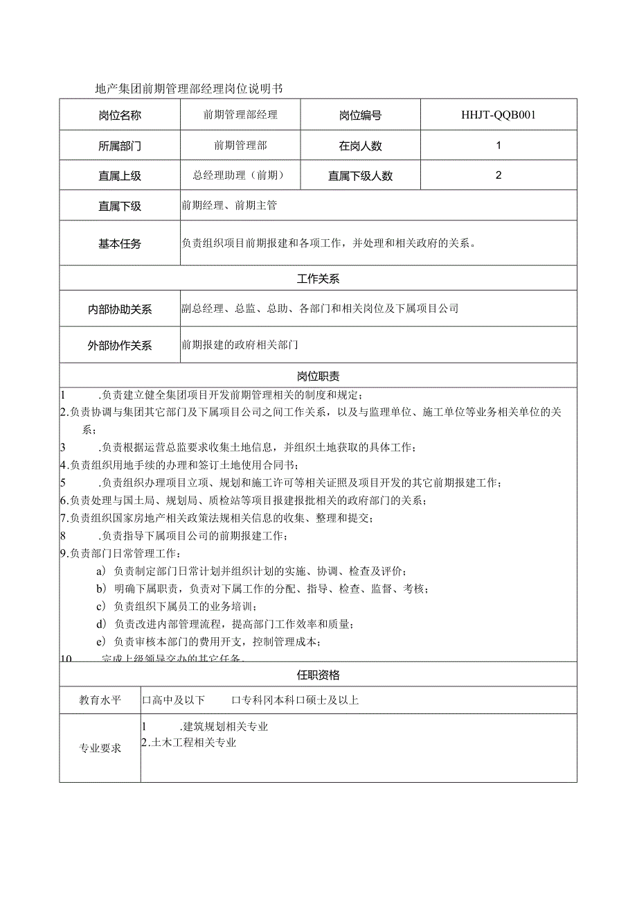 地产集团前期管理部经理岗位说明书.docx_第1页