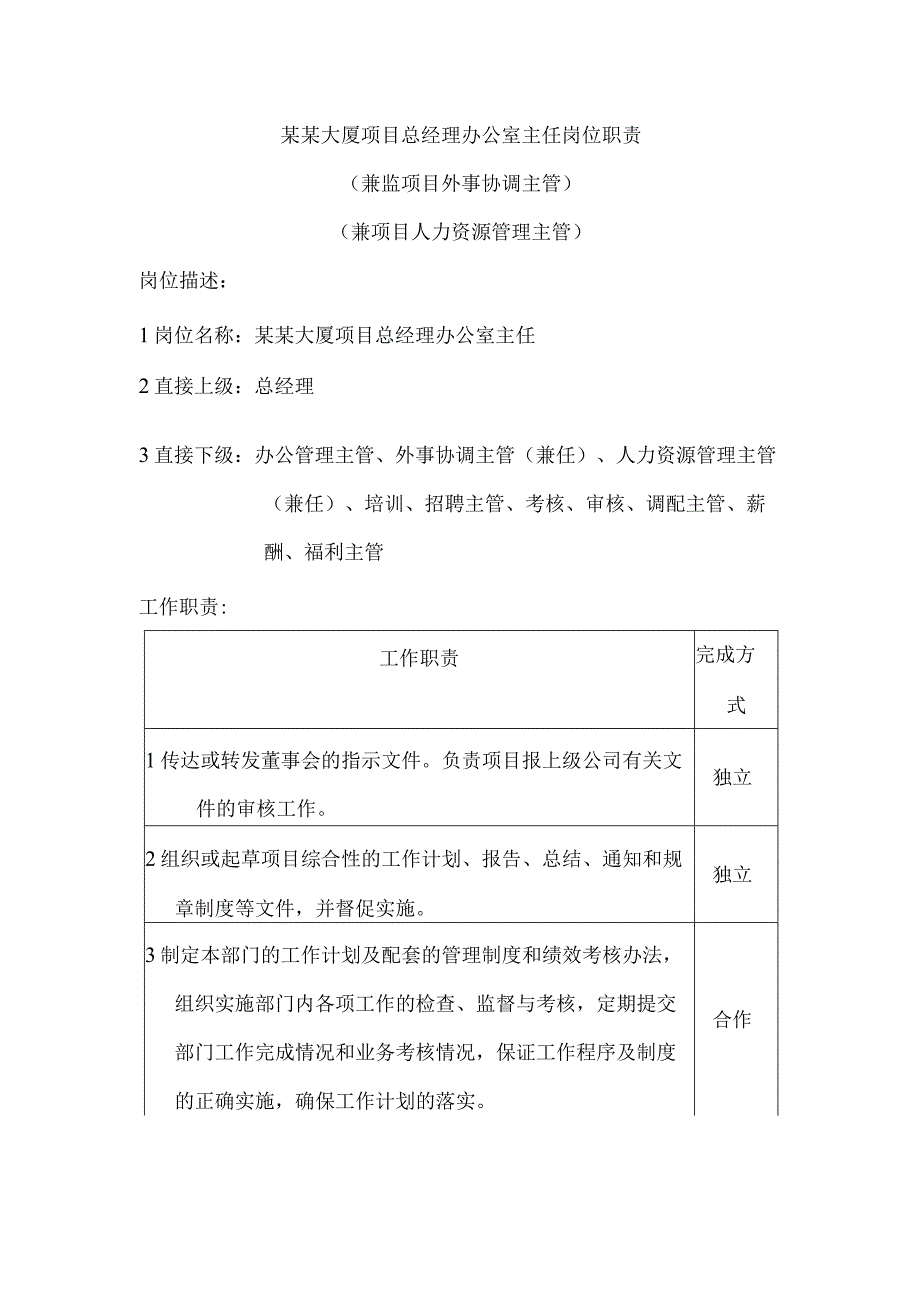 某某大厦项目总经理办公室主任岗位职责.docx_第1页