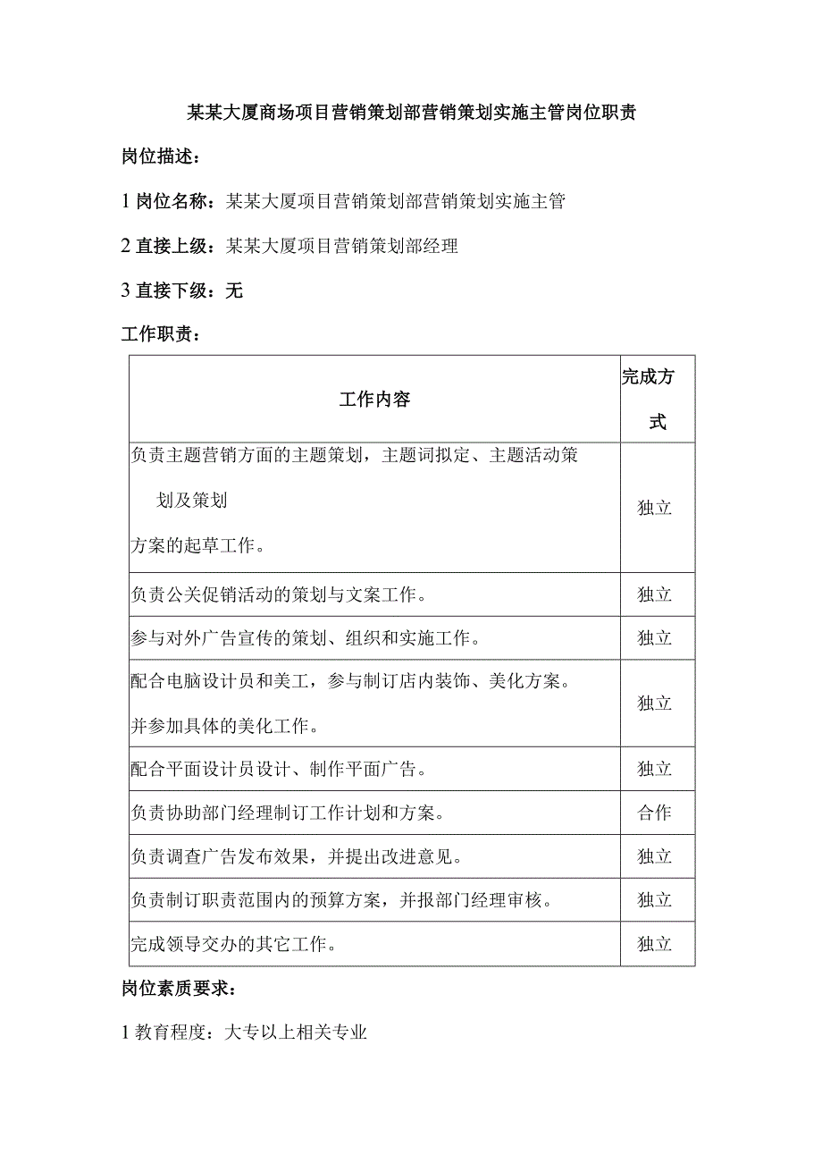 某某大厦商场项目营销策划部营销策划实施主管岗位职责.docx_第1页