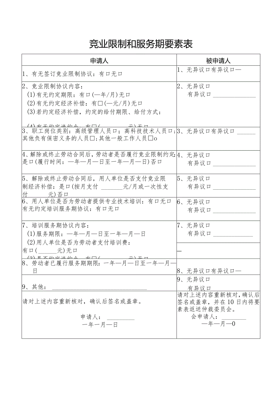 竞业限制和服务期要素表.docx_第1页