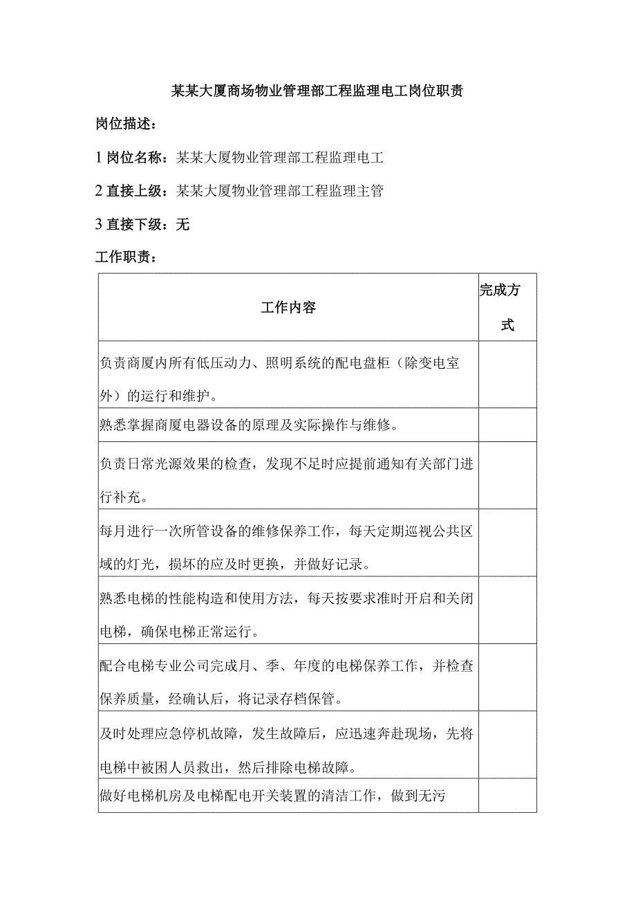 某某大厦商场物业管理部工程监理电工岗位职责.docx_第1页