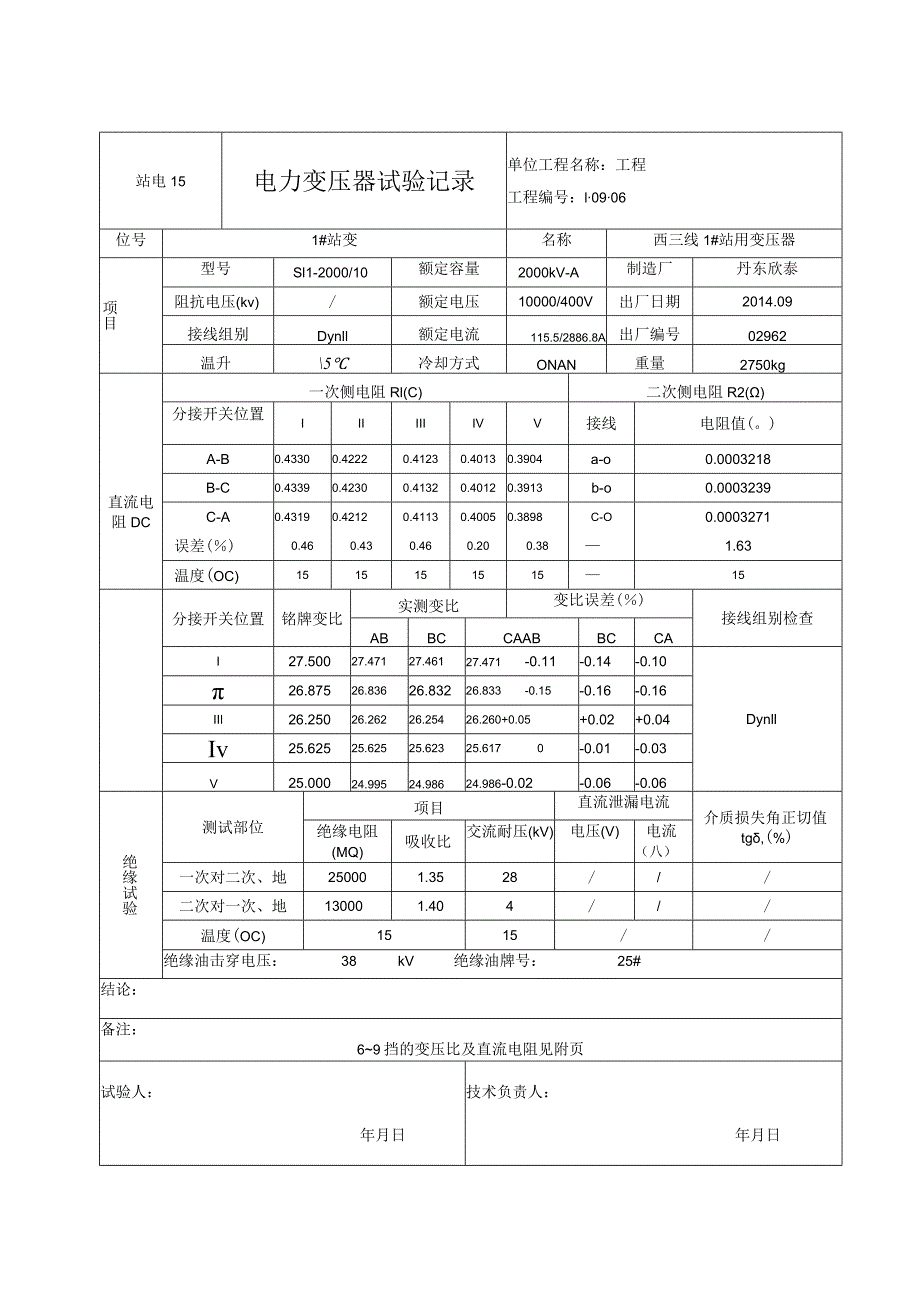 站电15 电力变压器试验记录.docx_第1页