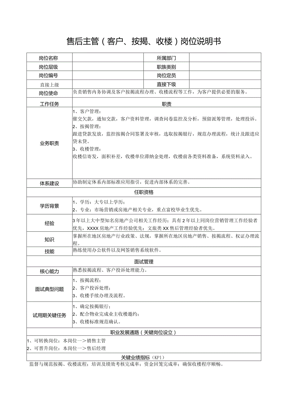 售后主管（客户、按揭、收楼）岗位说明书.docx_第1页