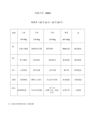 河海小学2020一周菜单12月21日---12月25日.docx