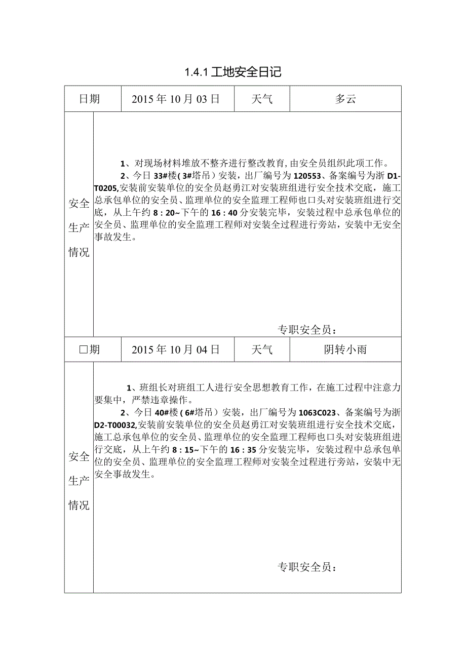 [施工资料]工地安全日记(143).docx_第1页