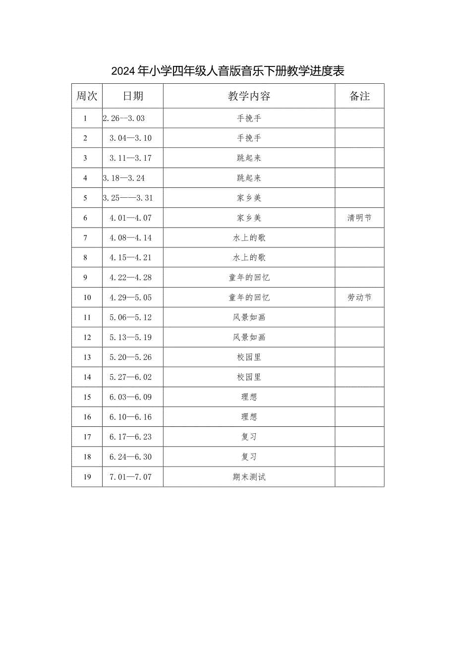 2024年小学四年级人音版音乐下册教学进度表.docx_第1页