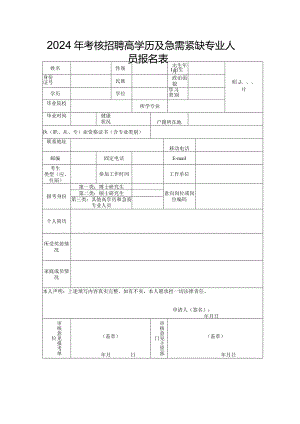 2024年考核招聘高学历及急需紧缺专业人员报名表.docx