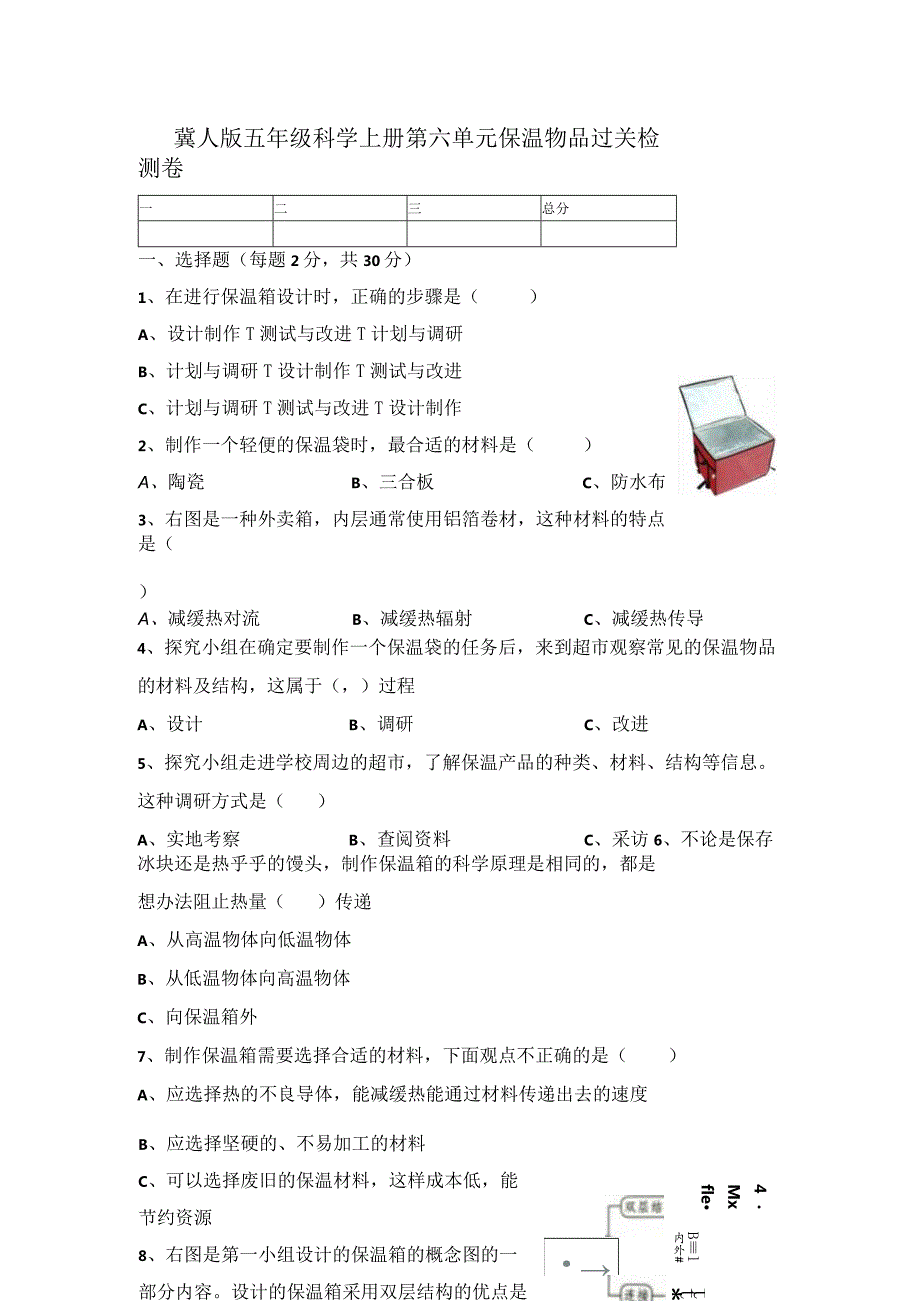 【精】新冀人版五年级科学上册-第六单元保温物品过关检测卷（含答案）.docx_第1页