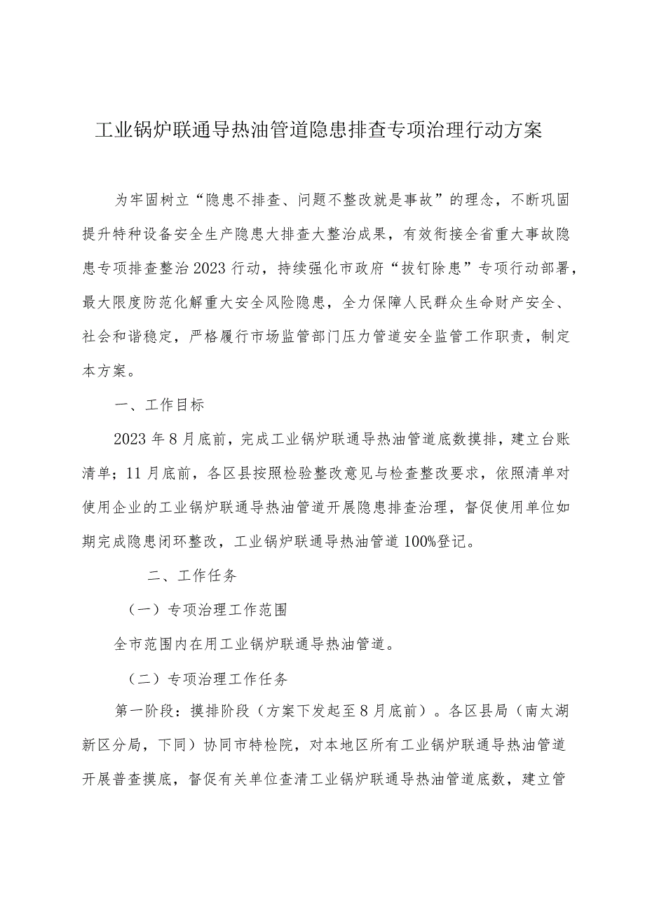 工业锅炉联通导热油管道隐患排查专项治理行动方案.docx_第1页