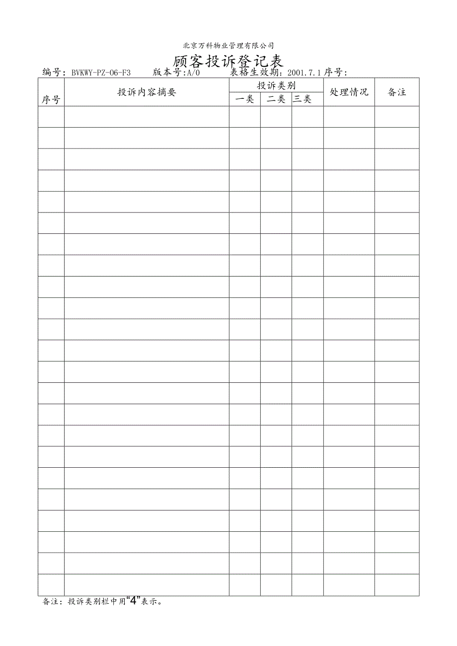 北京万科物业管理有限公司顾客投诉登记表.docx_第1页