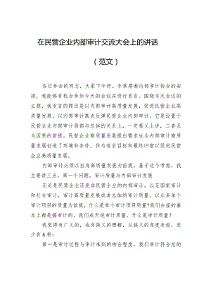 在民营企业内部审计交流大会上的讲话（范文）.docx