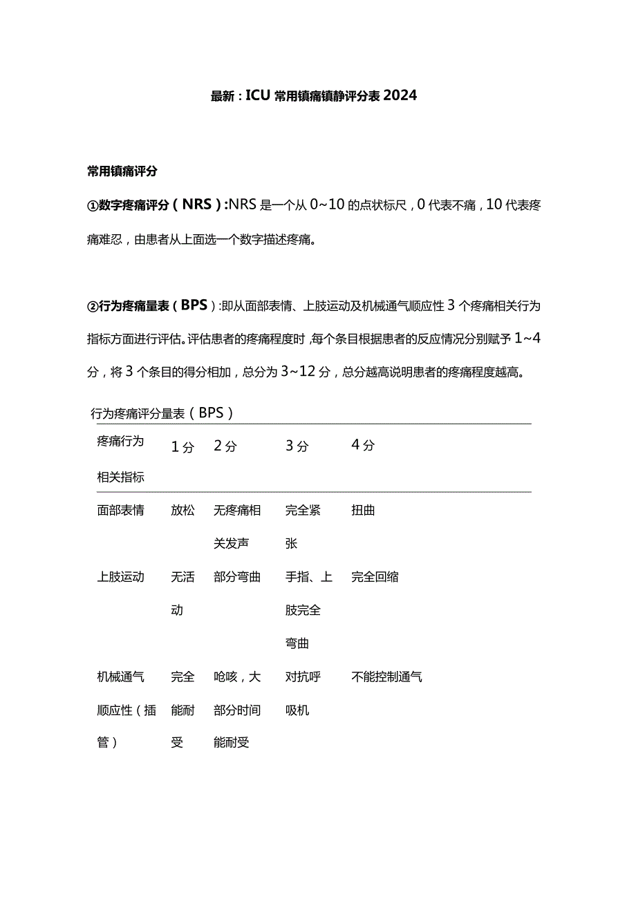 最新：ICU常用镇痛镇静评分表2024.docx_第1页