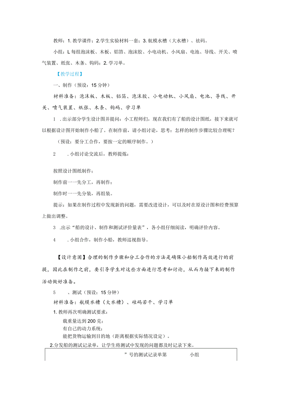 教科版五年级下册科学第二单元《船的研究》第7课：《制作与测试我们的小船》教学设计.docx_第2页