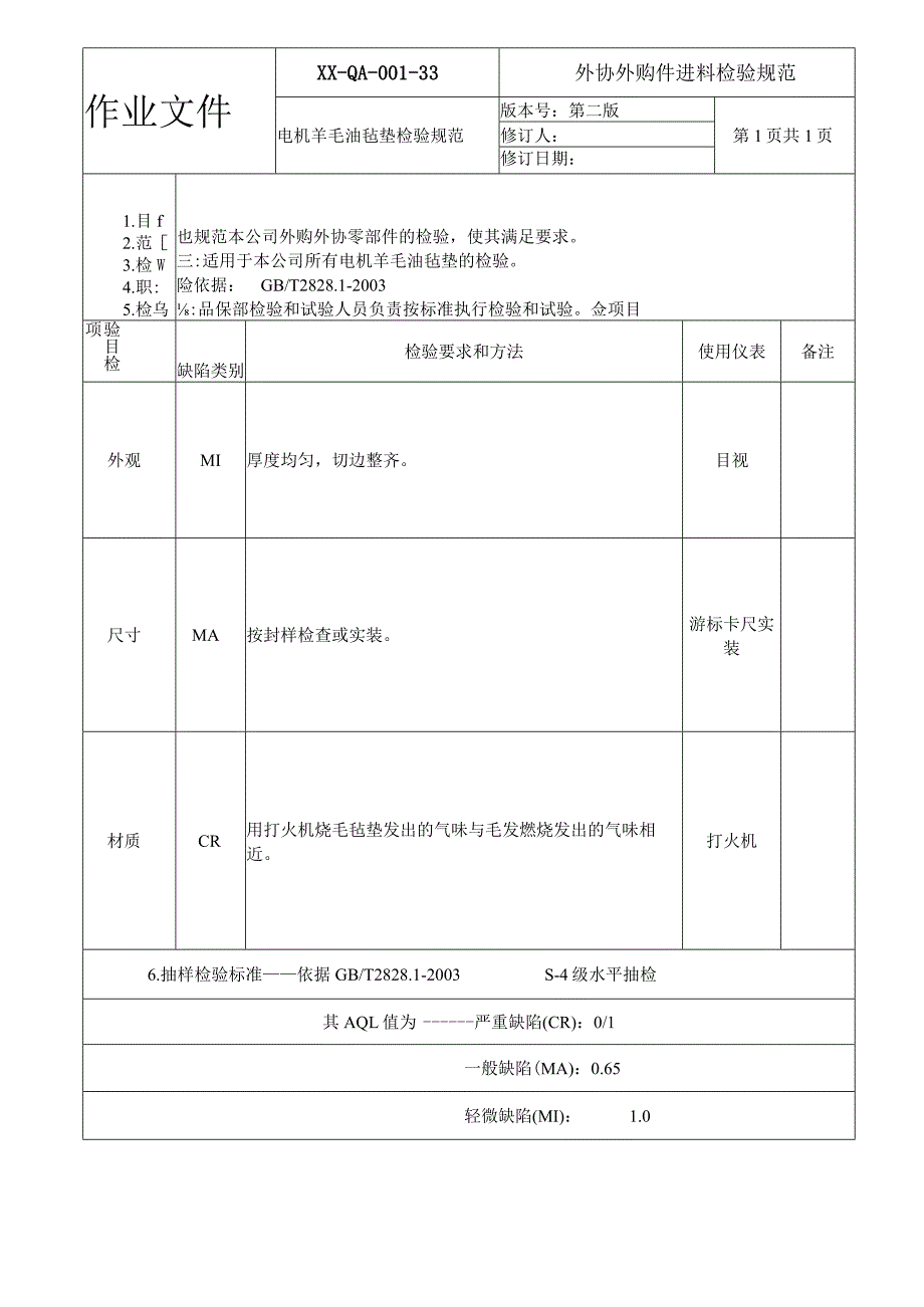 电机羊毛油毡垫检验规范.docx_第1页