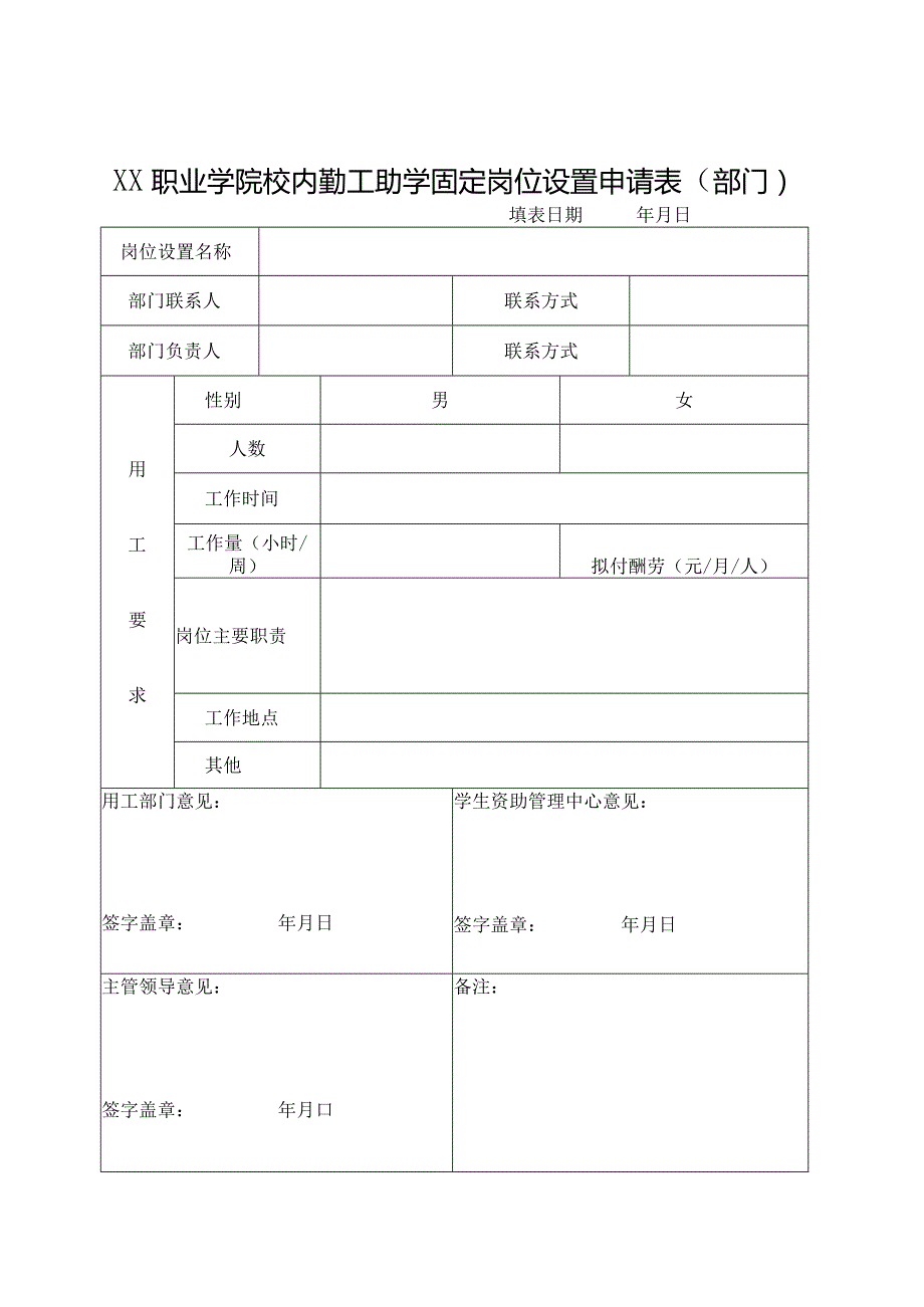 XX职业学院校内勤工助学固定岗位设置申请表（部门）.docx_第1页