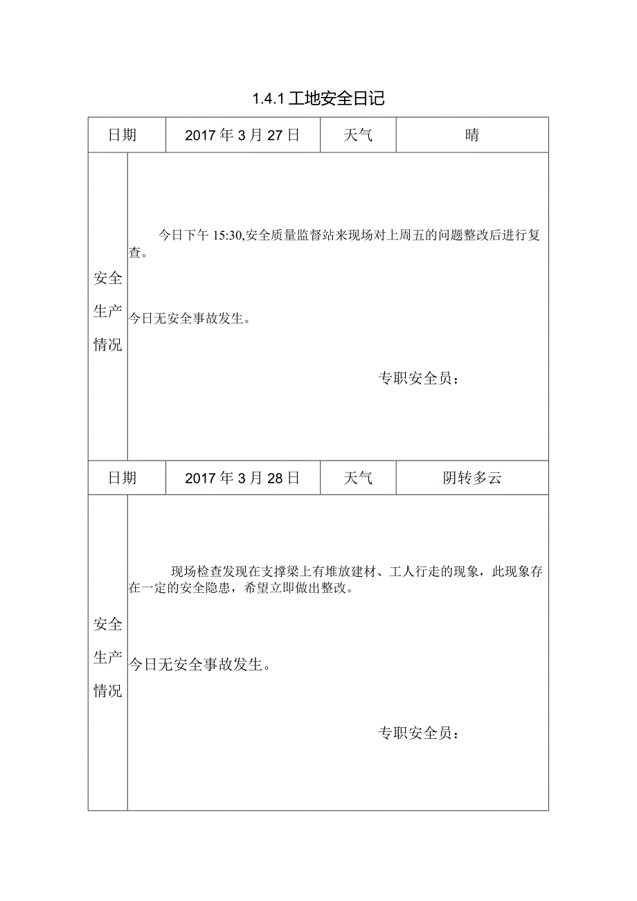 [施工资料]工地安全日记(40).docx_第1页