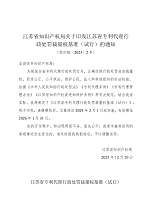 《江苏省知识产权局关于印发江苏省专利代理行政处罚裁量权基准（试行）的通知》（苏知规〔2023〕2号）.docx