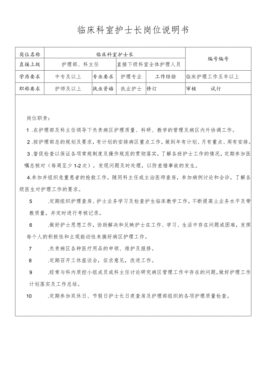 临床科室护士长岗位说明书.docx_第1页