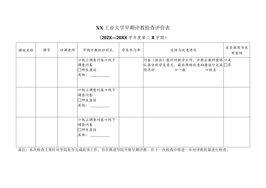 XX工业大学早期评教检查评价表 （2024年）.docx_第1页