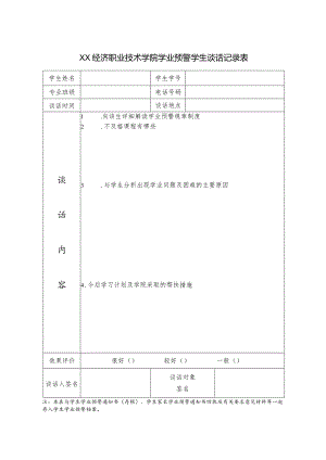 XX经济职业技术学院学业预警学生谈话记录表（2024年）.docx