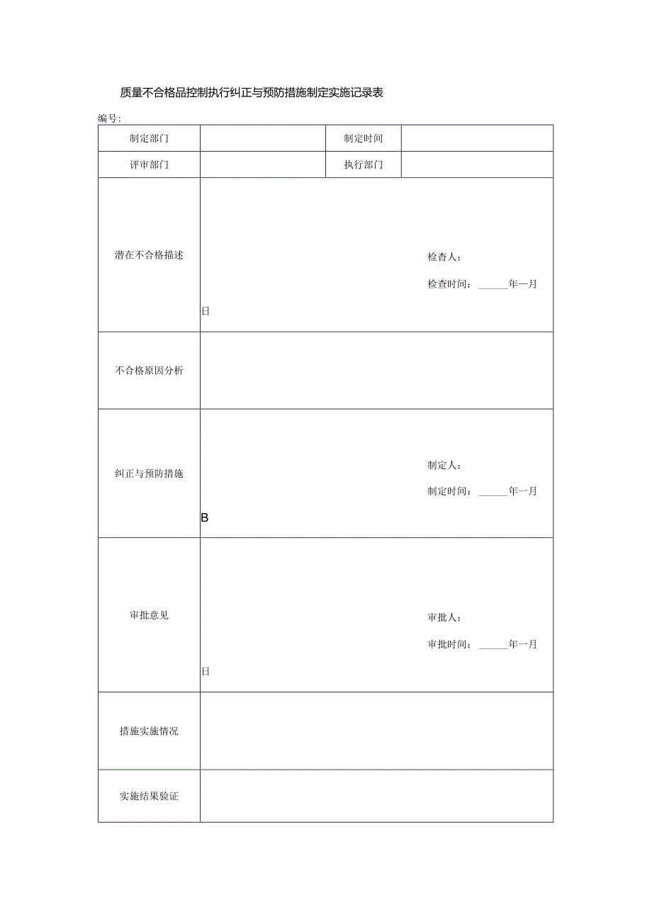 质量不合格品控制执行纠正与预防措施制定实施记录表.docx_第1页