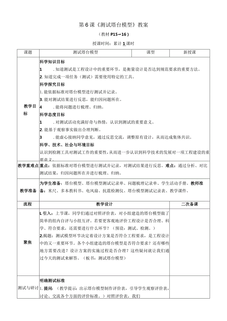 教科版六年级下册科学第一单元第6课《测试塔台模型》教案（定稿）.docx_第1页