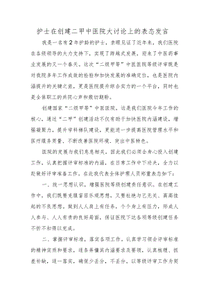 护士在创建二甲中医院大讨论上的表态发言.docx