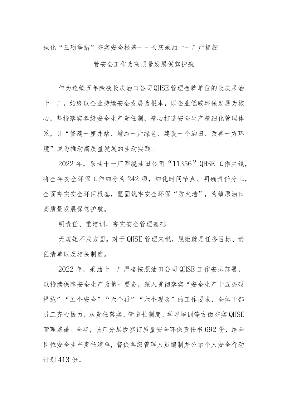 强化“三项举措”夯实安全根基——长庆采油十一厂严抓细管安全工作为高质量发展保驾护航.docx_第1页