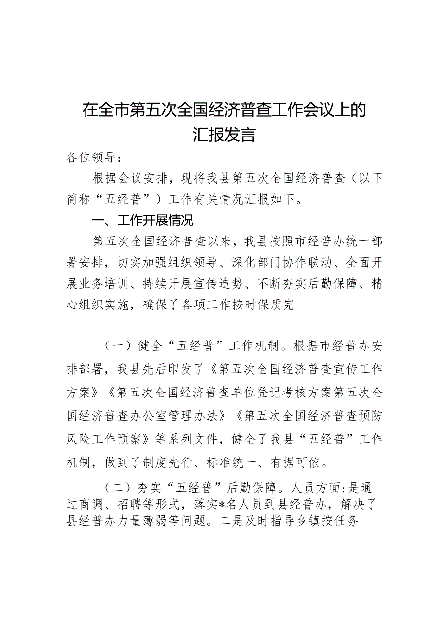 在全市第五次全国经济普查工作会议上的汇报发言.docx_第1页