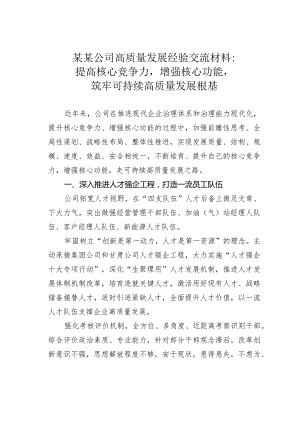 某某公司高质量发展经验交流材料：提高核心竞争力增强核心功能筑牢可持续高质量发展根基.docx