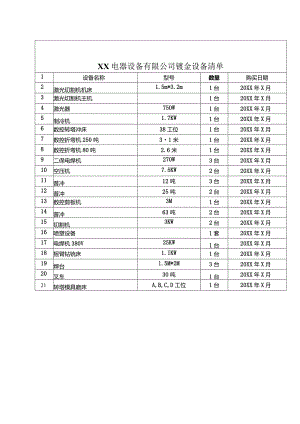 XX电器设备有限公司钣金设备清单（2024年）.docx