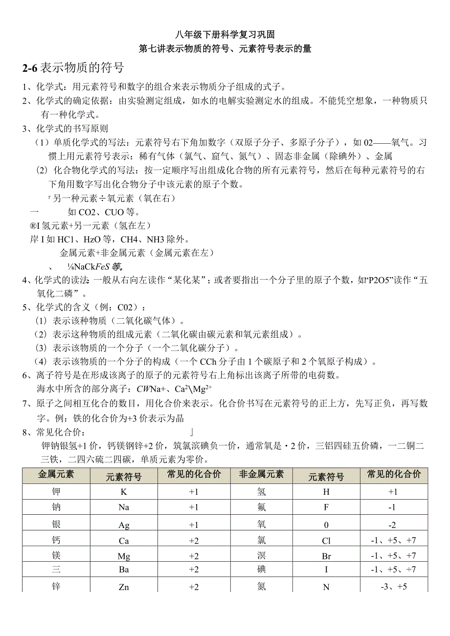 复习巩固教案2.6-2.7表示物质的符号、元素符号表示的量公开课教案教学设计课件资料.docx_第1页