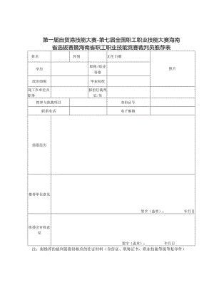 第一届自贸港技能大赛-第七届全国职工职业技能大赛海南省选拔赛暨海南省职工职业技能竞赛裁判员推荐表.docx