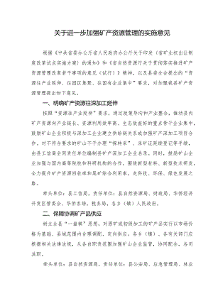 关于进一步加强矿产资源管理的实施意见.docx