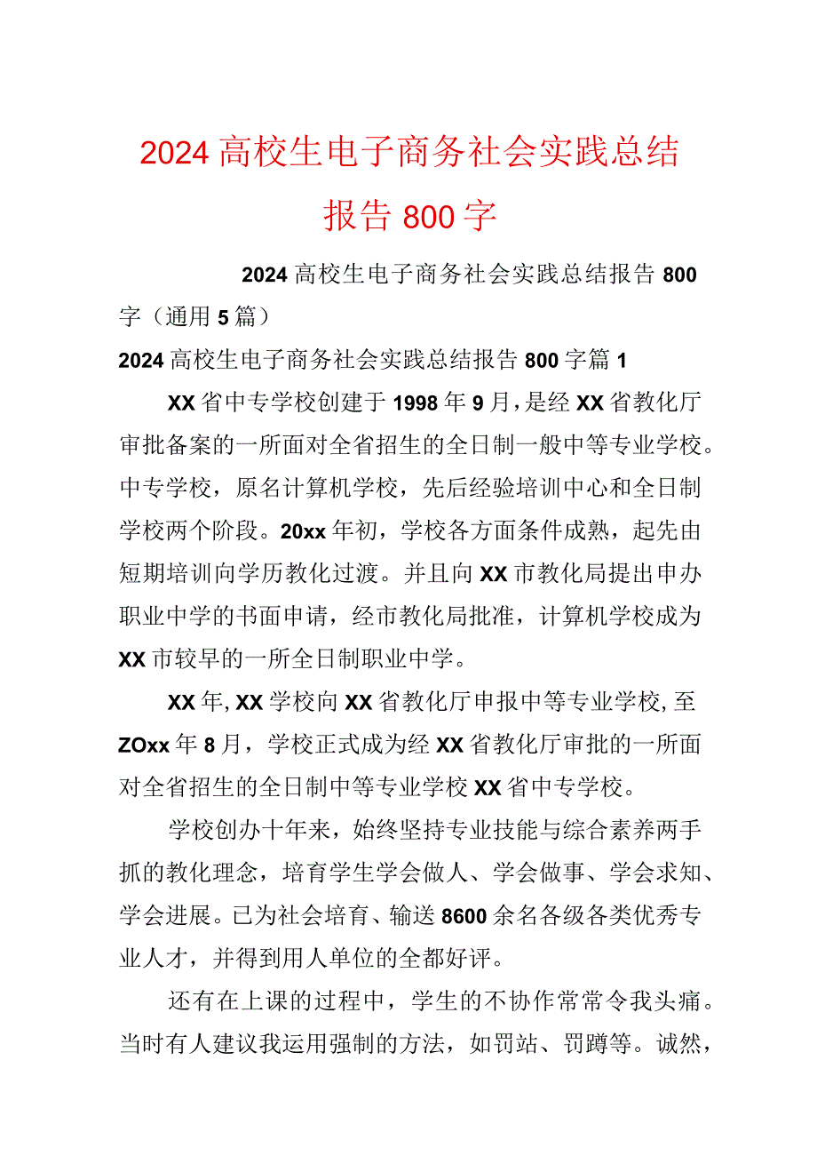 2024大学生电子商务社会实践总结报告800字.docx_第1页