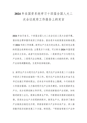 2024年在国资系统学习十四届全国人大二次会议政府工作报告上的发言.docx