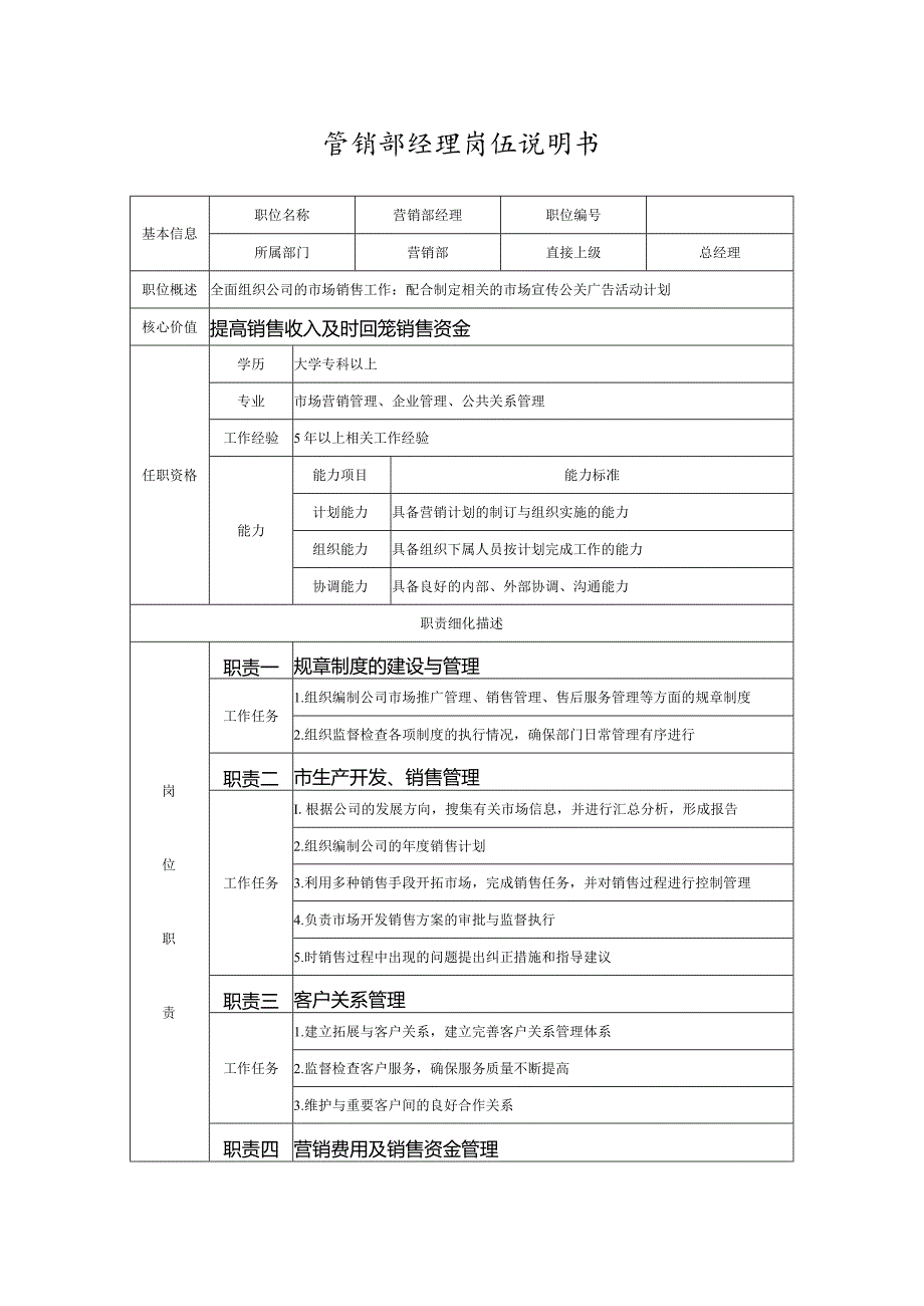 营销部经理岗位说明书.docx_第1页