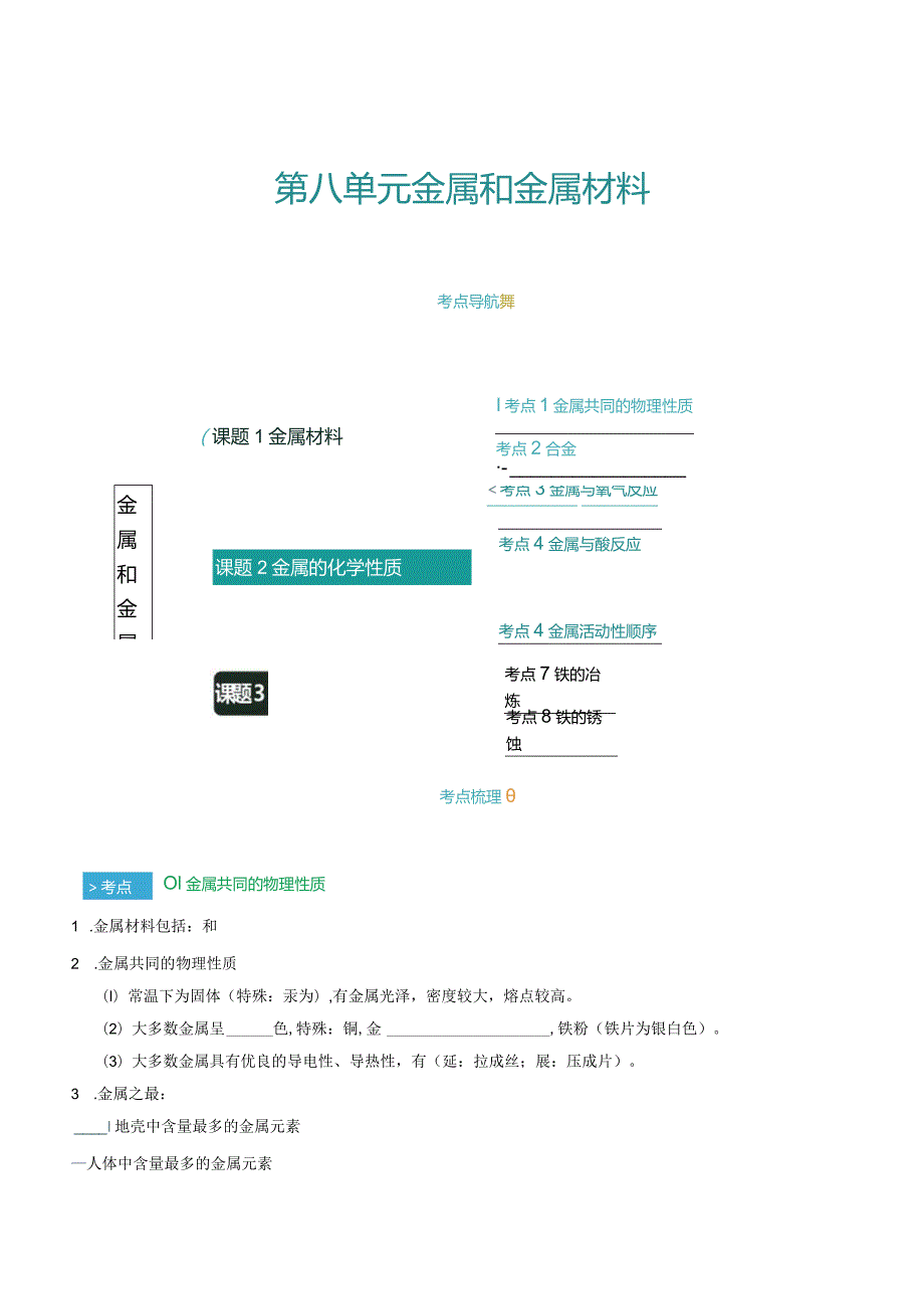 第八单元 金属和金属材料（考点清单）（讲+练）（原卷版）.docx_第1页