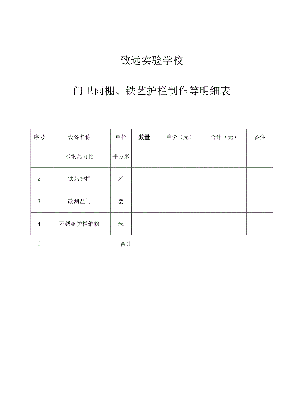 致远实验学校门卫雨棚、铁艺护栏制作等明细表.docx_第1页