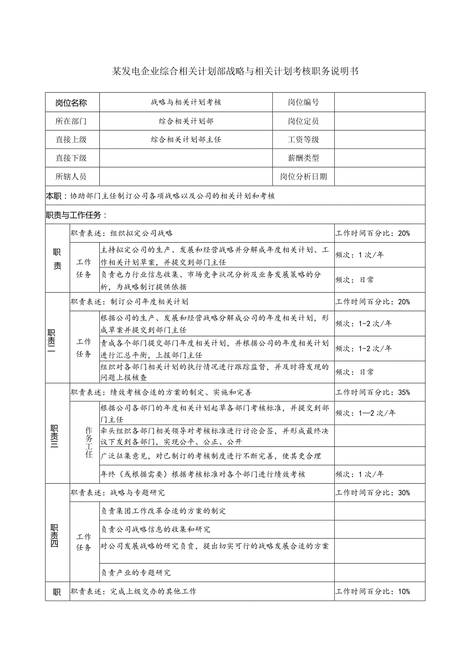 某发电企业综合计划部战略与计划考核职务说明书.docx_第1页