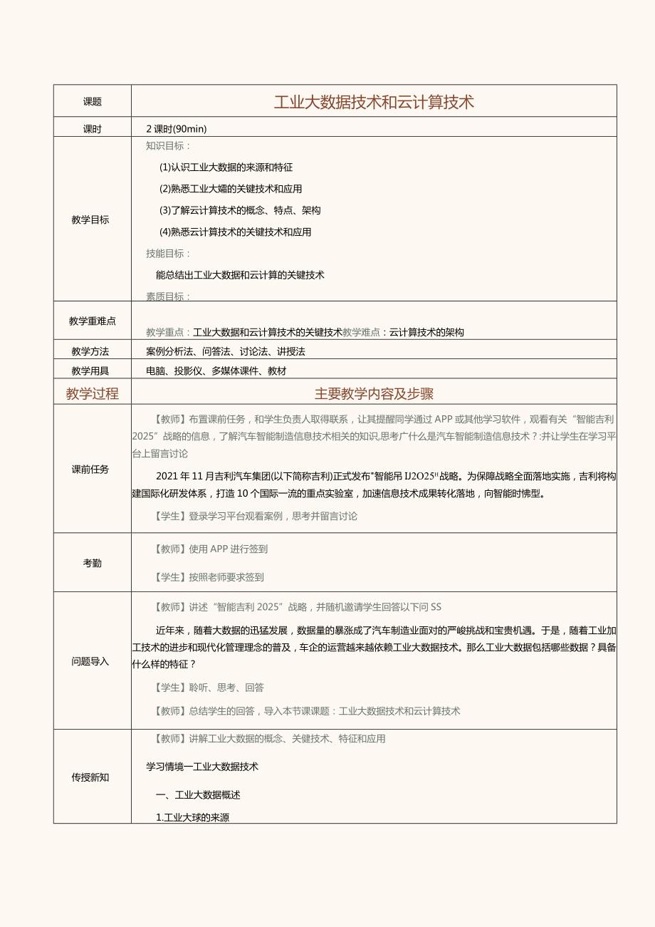 《汽车智能制造概论》教案 第2课 工业大数据技术和云计算技术.docx_第1页