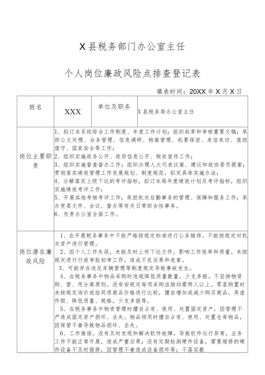 X县税务部门办公室主任个人岗位廉政风险点排查登记表.docx_第1页