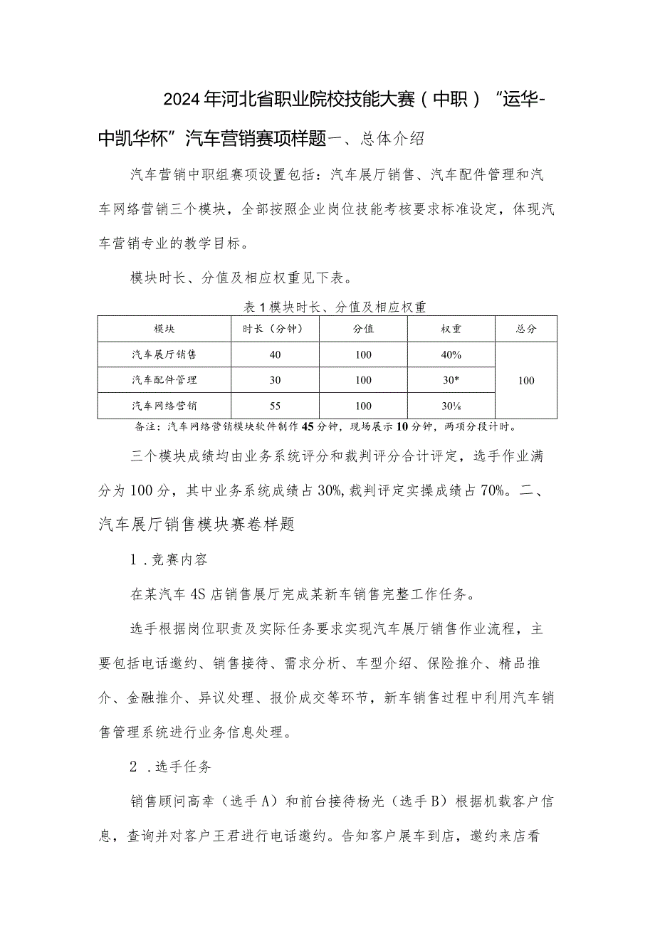 2024年河北省职业院校技能大赛（中职）汽车营销赛项样题.docx_第1页