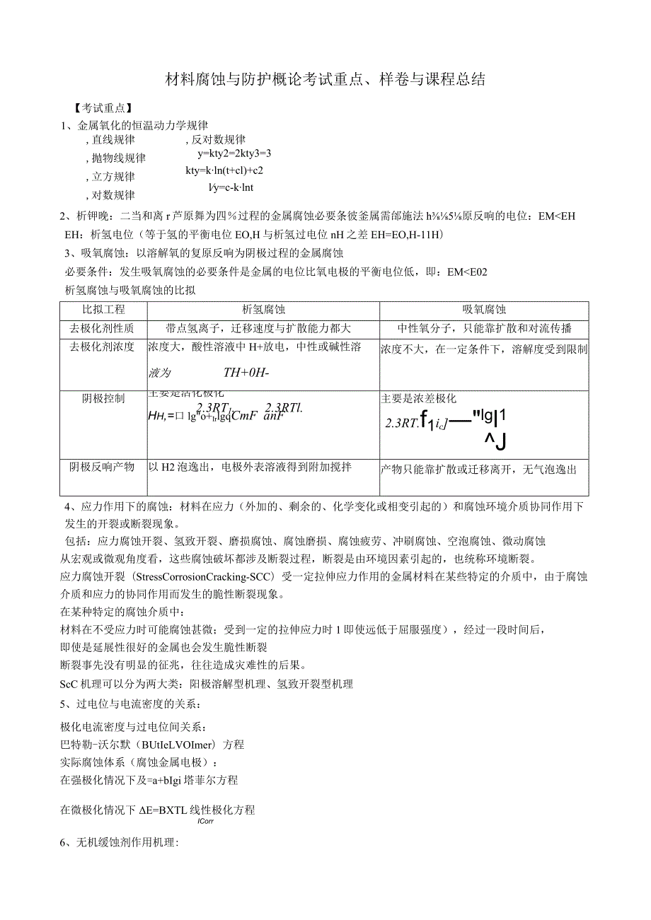 材料腐蚀与防护概论课程总结与样卷.docx_第1页