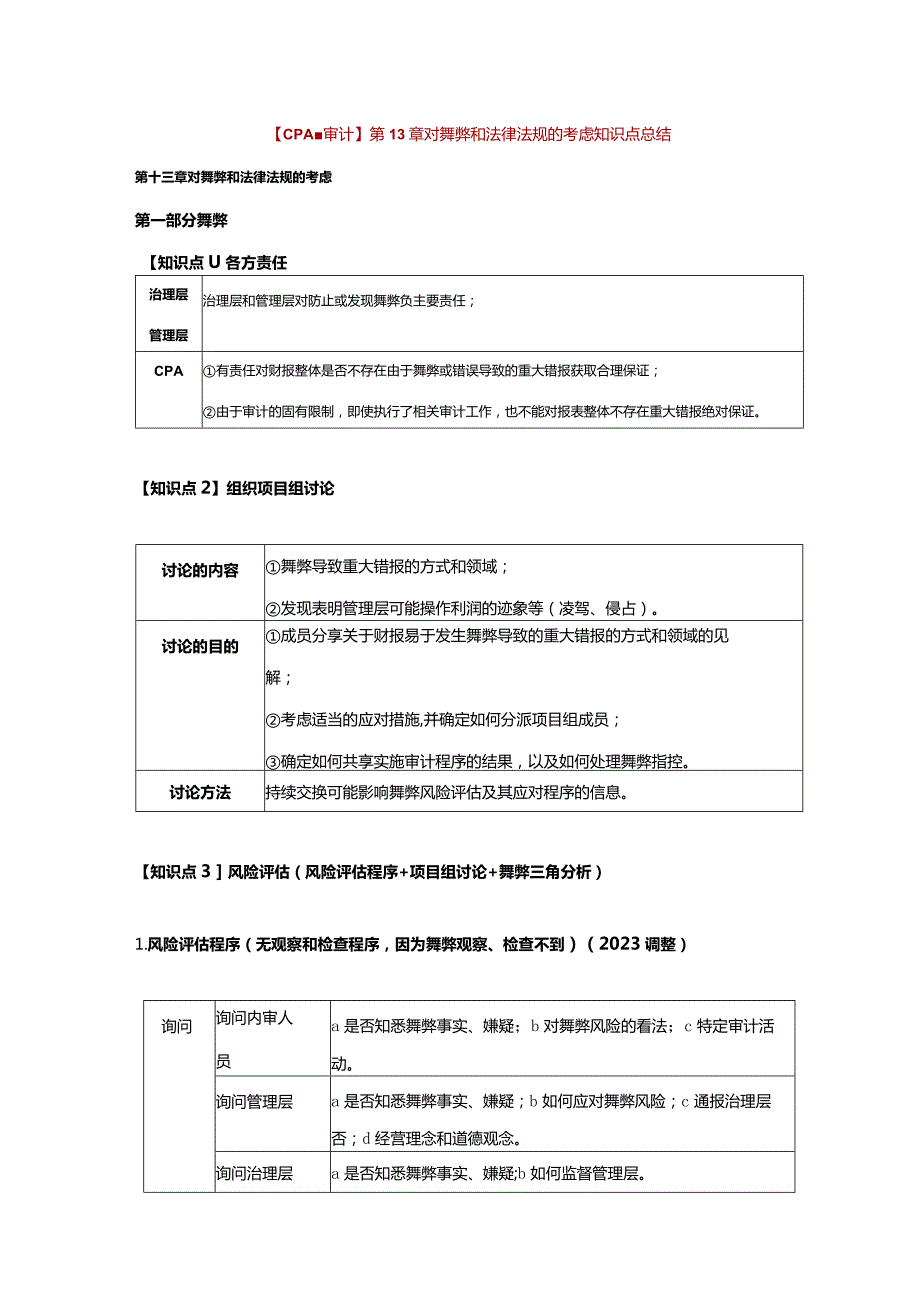 【CPA-审计】第13章 对舞弊和法律法规的考虑知识点总结.docx_第1页