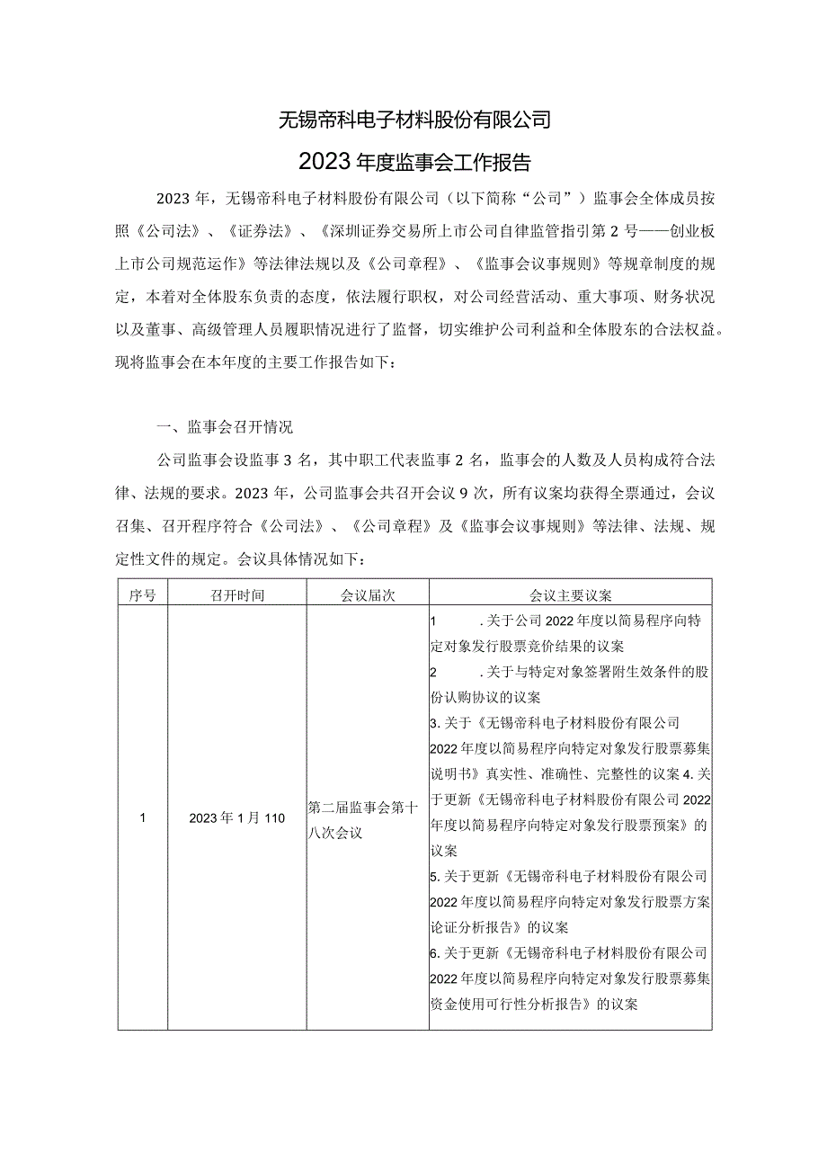 帝科股份：2023年度监事会工作报告.docx_第1页